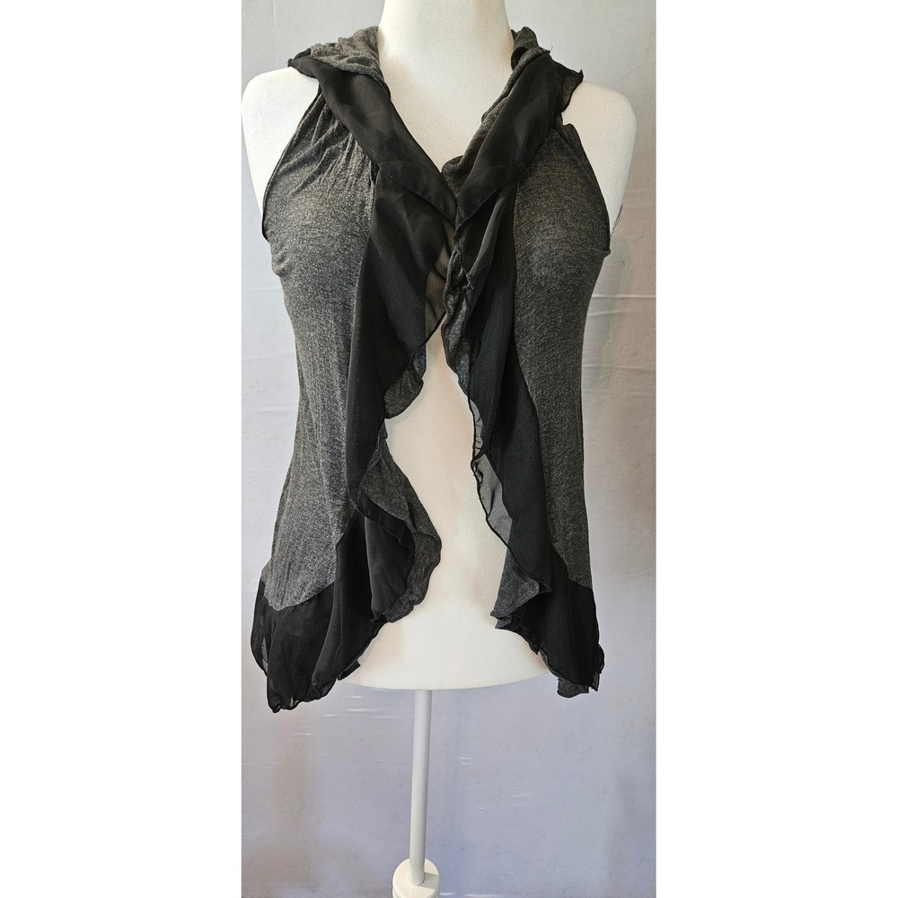 Pretty Good Womens Gray Sleeveless Hooded Ruffle Cardigan Vest Size L F15405